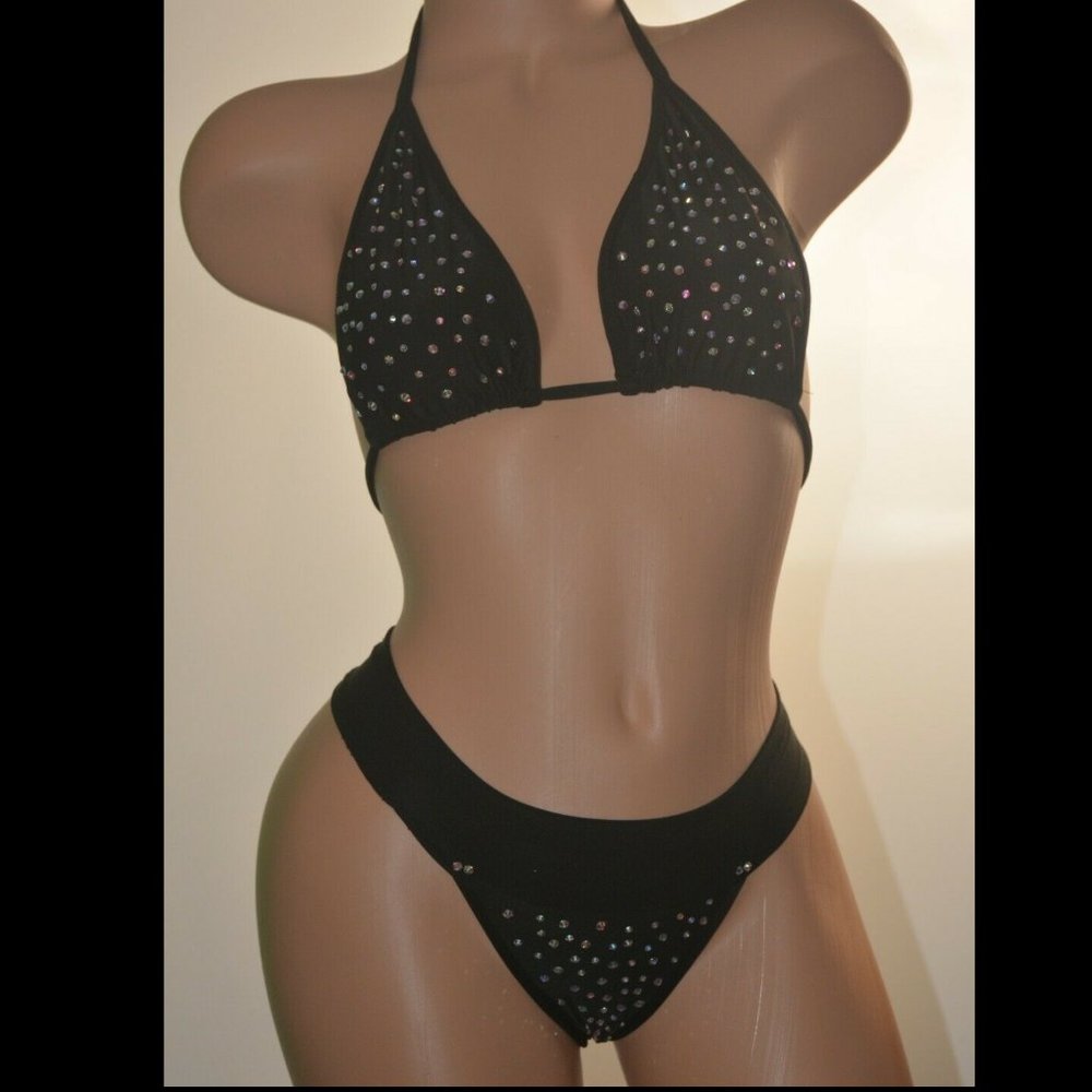 Jeweled Black Triangle Top Two-Piece Bikini Set